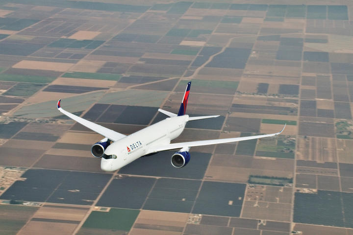 An A350 in flight.