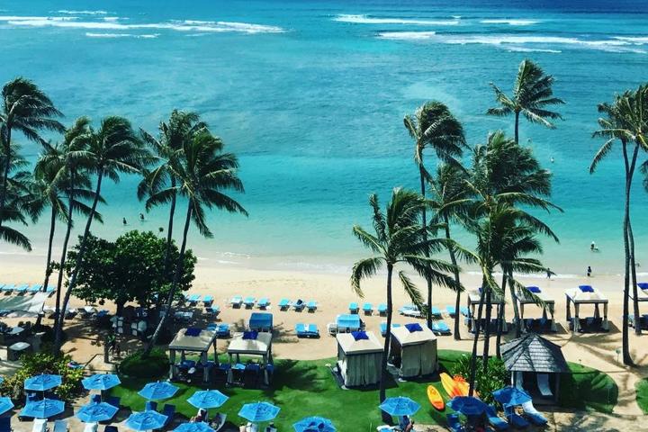 An overhead shot of a beach in Honolulu, Hawaii with umbrellas and palm trees